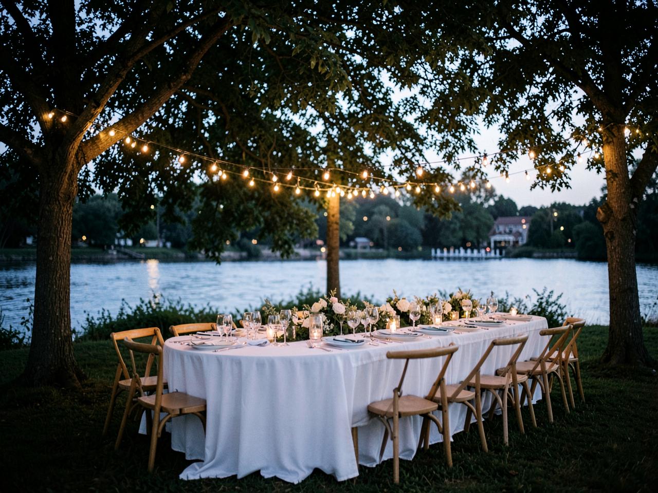 Long table set for an outdoor celebration under festoon lights