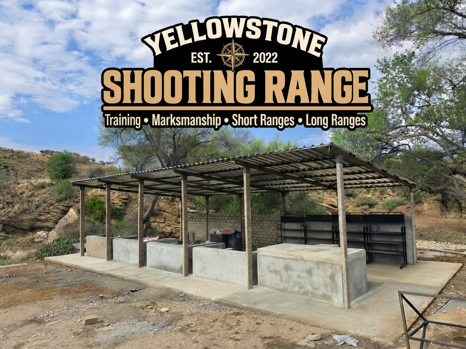 Covered shooting bays and concrete benches at the Yellowstone Shooting Range