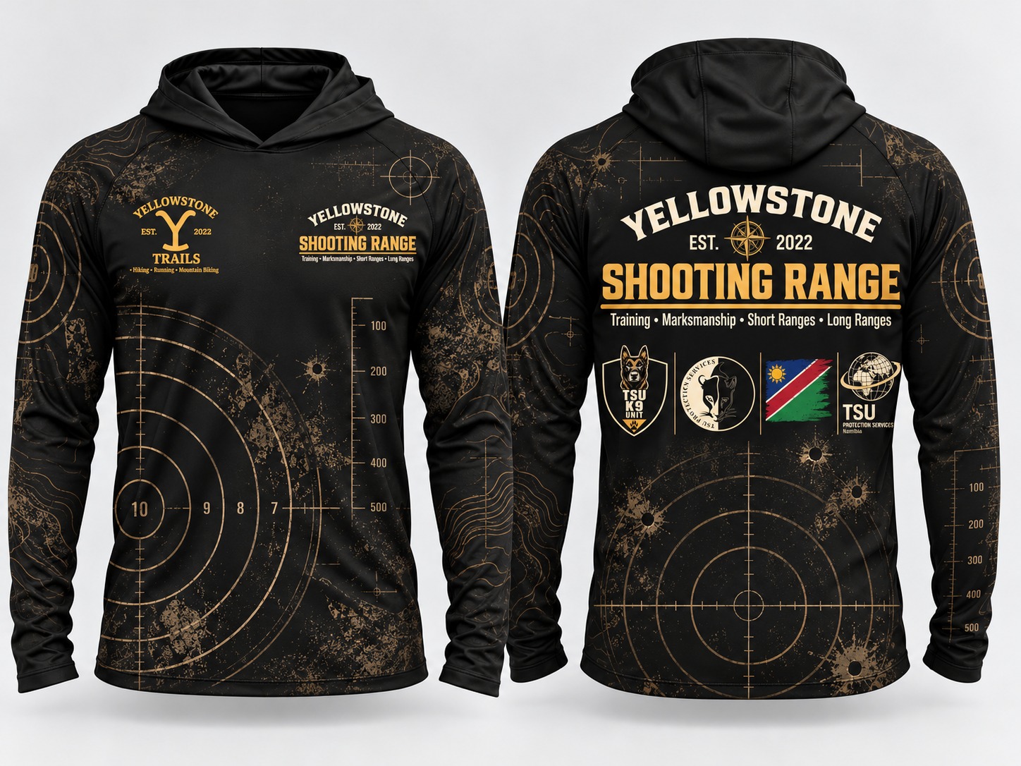 Yellowstone Shooting Range UV Sun Hoodie, front and back