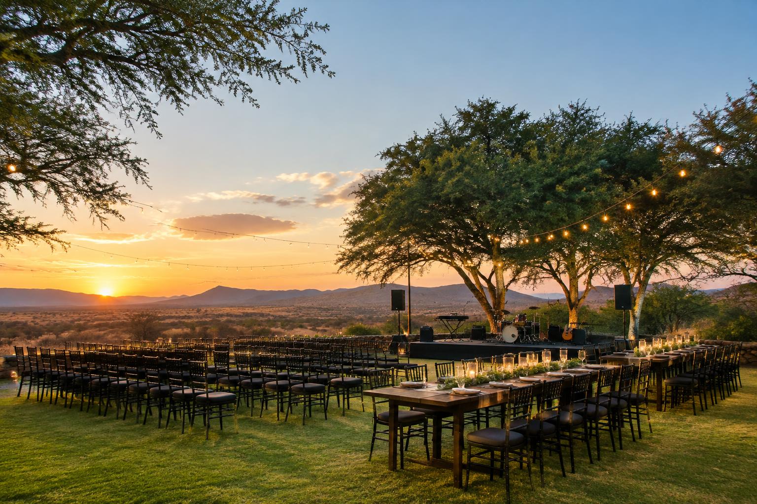 Illustrative outdoor event setting with a stage, tables and string lights at sunset